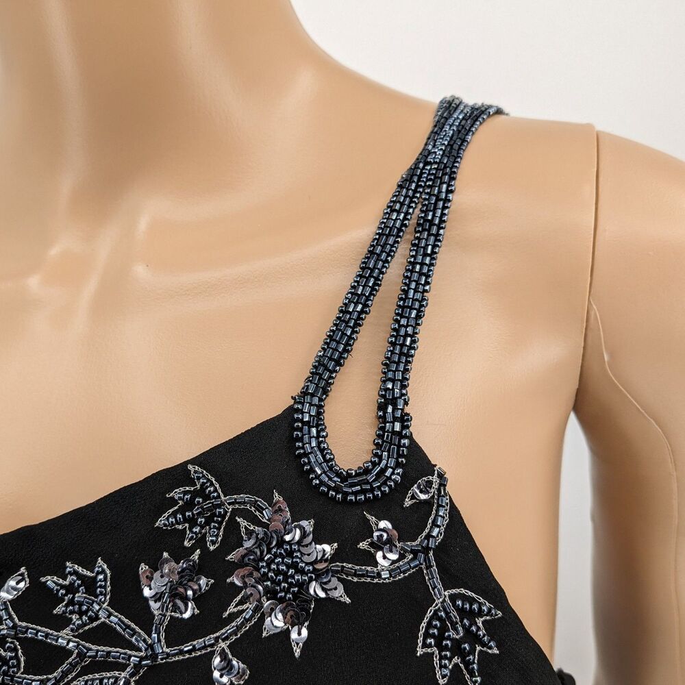 Vintage 1990s y2k Scala Evening Dress Mini Black Floral Beaded Fairycore Siren M - Picture 8 of 14